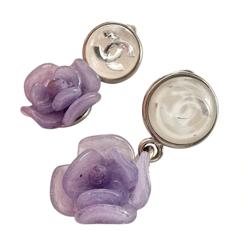 Chanel Purple Camellia Flower Silver Studded Earring Set with Box - Picture 14 of 15
